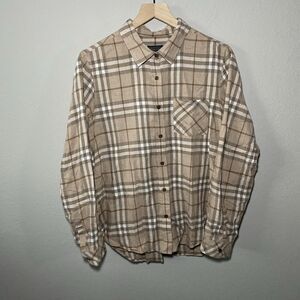 Pendleton Womens Flannel Shirt Size Large Cotton Tan brown Plaid Button Shirt
